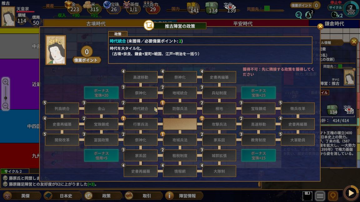 時代統合、地域統合、列島統合、富国政策、家系図、情報網、大隊制などが並ぶ政策ツリー