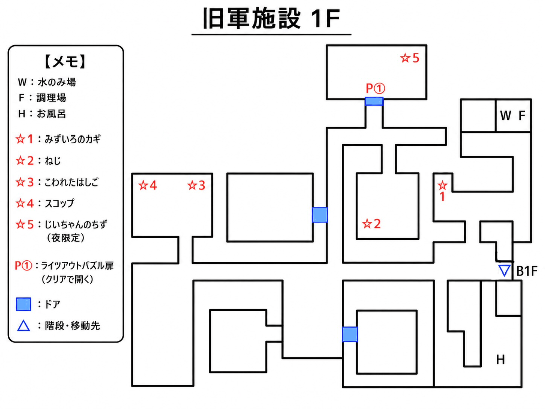 サバイバルキッズ2 旧軍施設1Fの攻略用簡略マップ