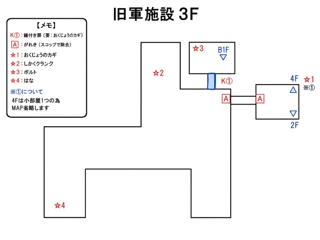 サバイバルキッズ2 旧軍施設3Fの攻略用簡略マップ