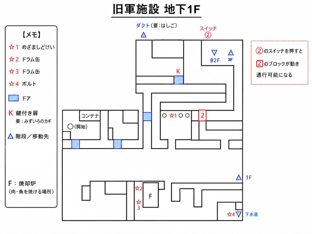 サバイバルキッズ2 旧軍施設地下1Fの攻略用簡略マップ